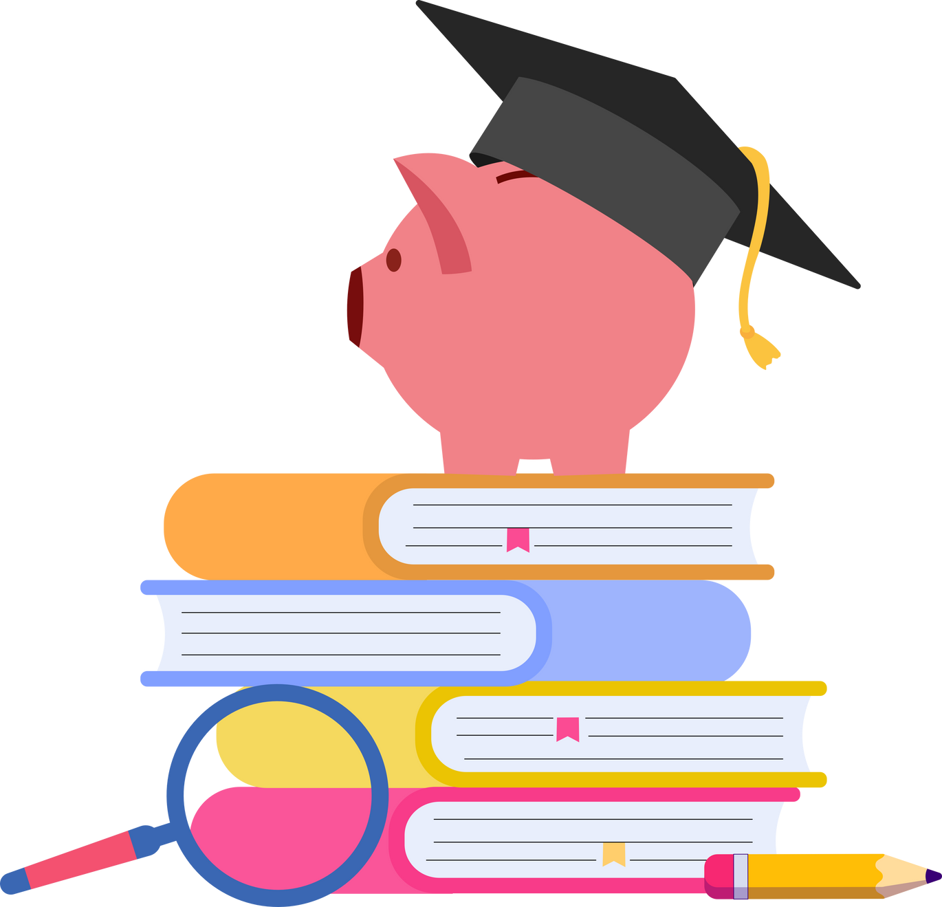 Piggy bank wearing graduation hat on stack on book, Education fund for education.